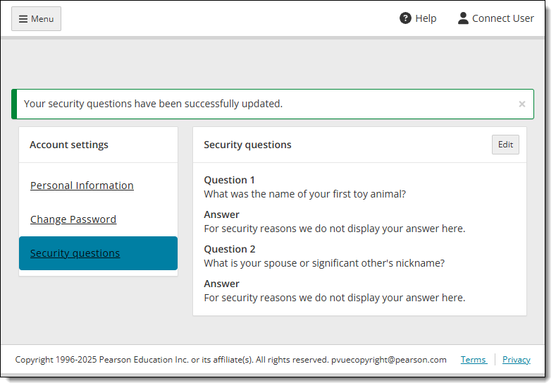 Security questions updated message.